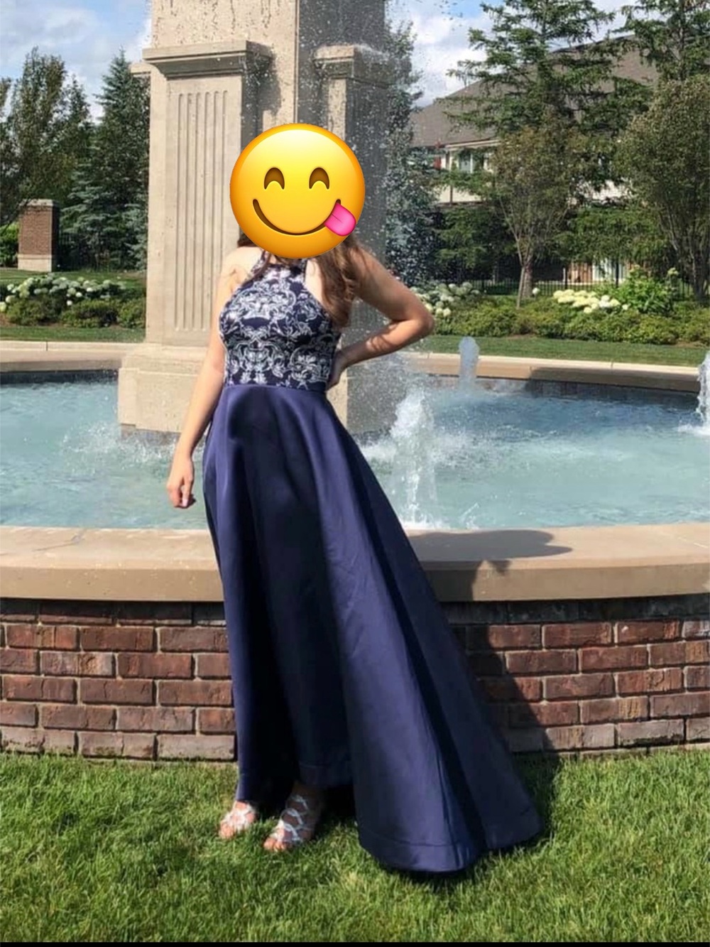 Speechless Navy Blue Embroidered Halter Prom Gown